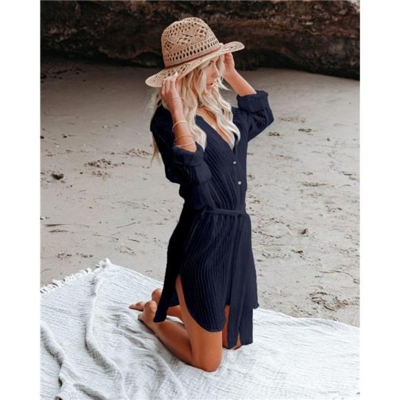 Womens Beachwear Cover Up, Long Sleeve Button Down Beach Shirt with Belt - Picture 5 of 8